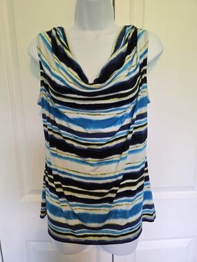 Kasper Blue, White & Black Striped Cowl Neck Tank